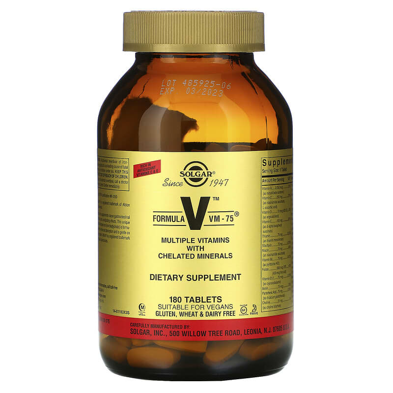 Solgar Formula V VM-75 Multiple Vitamins with Chelated Minerals 180 Tablets 33984011830