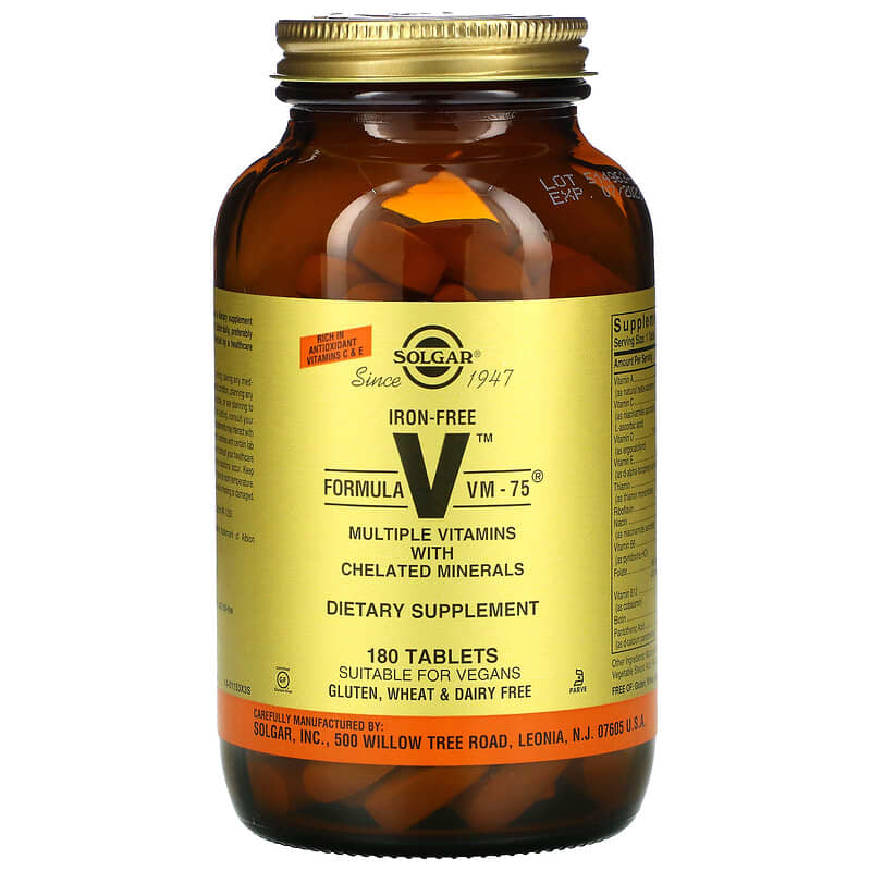 Solgar Formula V VM-75 Multiple Vitamins with Chelated Minerals Iron Free 180 Tablets 33984011533