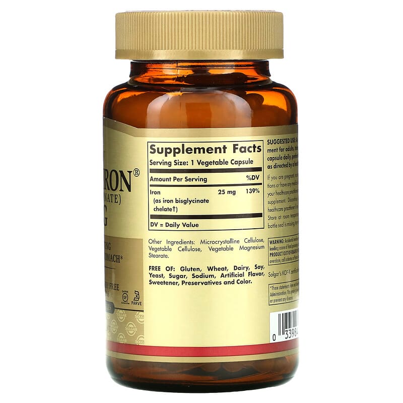 Solgar, Gentle Iron, 25 mg, 180 Vegetable Capsules 33984012509