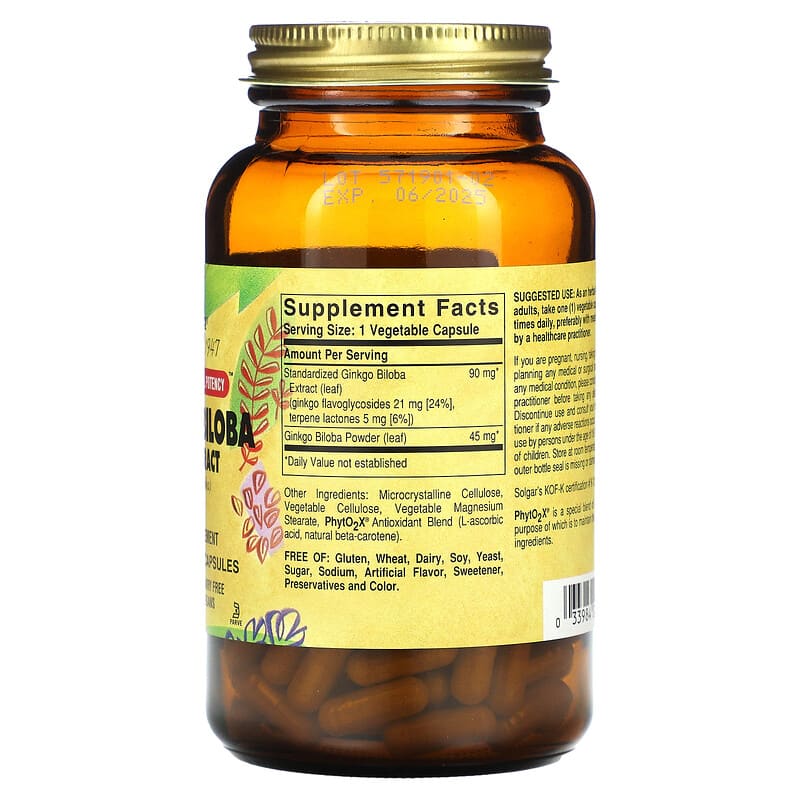 Solgar, Ginkgo Biloba Leaf Extract, 180 Vegetable Capsules 33984041325