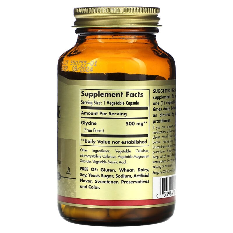 Solgar, Glycine, 500 mg, 100 Vegetable Capsules 33984013704