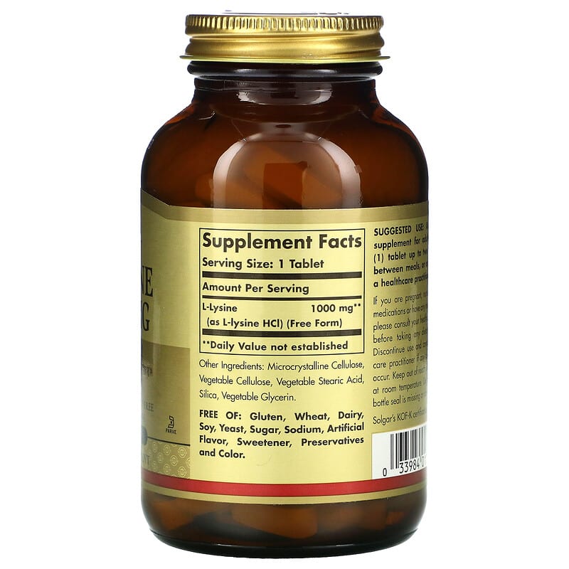 Solgar, L-Lysine, Free Form, 1,000 mg, 100 Tablets 33984017016