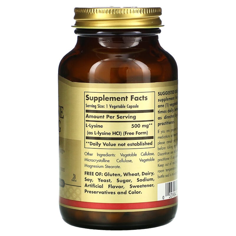 Solgar, L-Lysine, Free Form, 500 mg, 100 Vegetable Capsules 33984016811