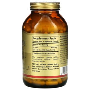 Solgar, L-Lysine, Free Form, 500 mg, 250 Vegetable Capsules 33984016828