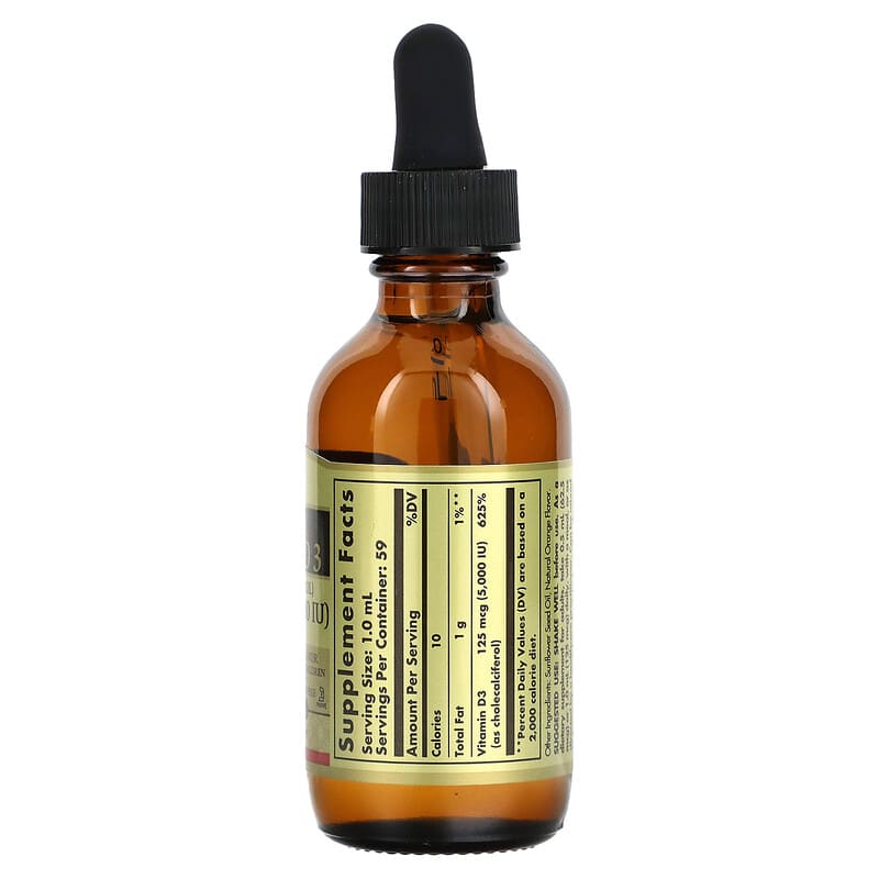 Solgar, Liquid Vitamin D3, Natural Orange , 125 mcg (5,000 IU), 2 fl oz (59 ml) 33984320482