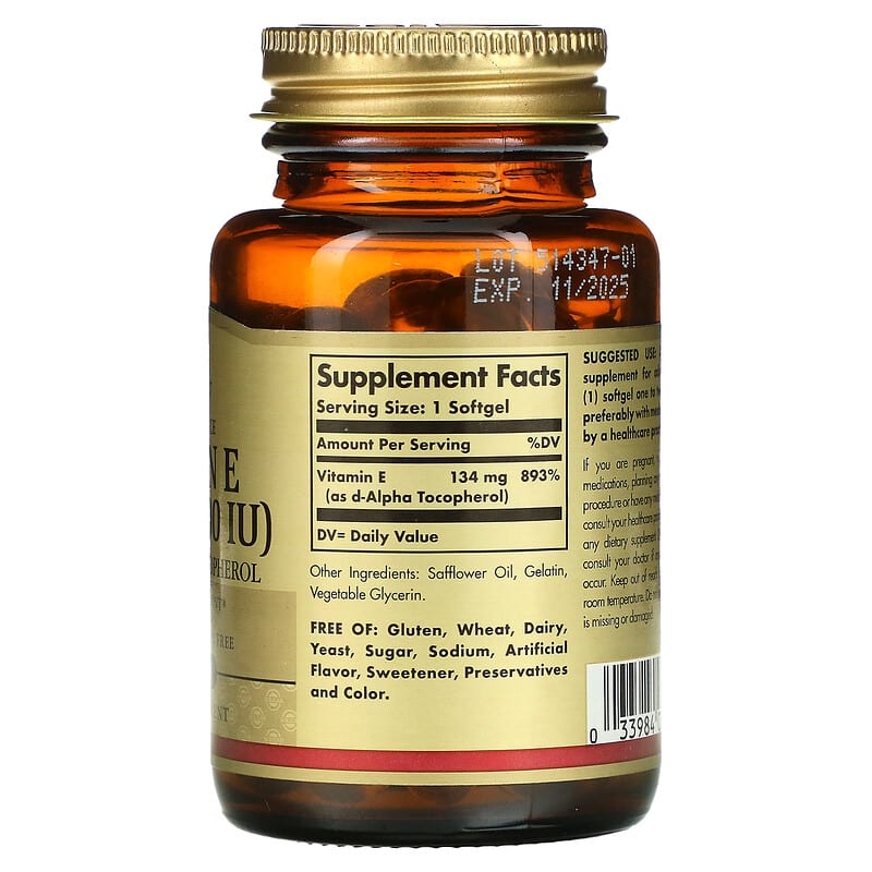 Solgar, Natural Source Vitamin E, 134 mg (200 IU), 100 Softgels 33984034815