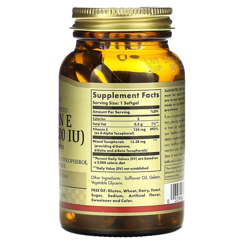 Solgar, Naturally Sourced Vitamin E, 134 mg (200 IU), 100 Softgels 33984035010