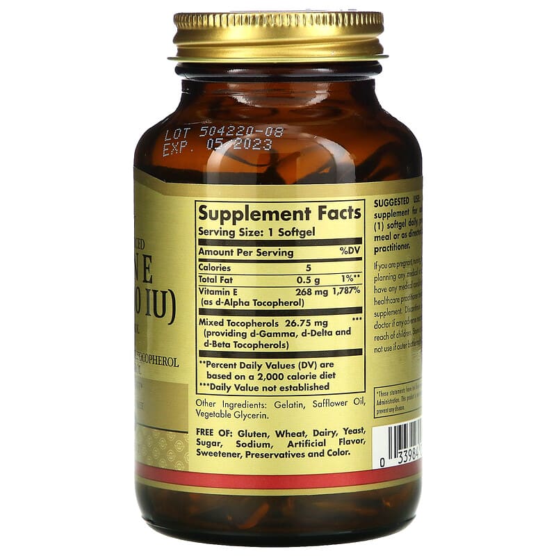 Solgar, Naturally Sourced Vitamin E, 268 mg (400 IU), 100 Softgels 33984035416
