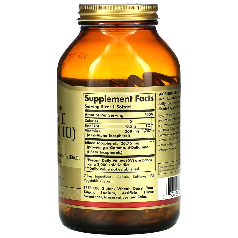 Solgar, Naturally Sourced Vitamin E, 268 mg (400 IU), 250 Softgels 33984035423