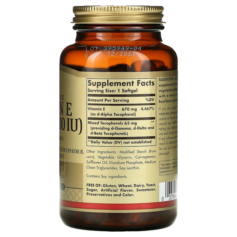 Solgar, Naturally Sourced Vitamin E, 670 mg (1,000 IU), 100 Vegetarian Softgels 33984035669