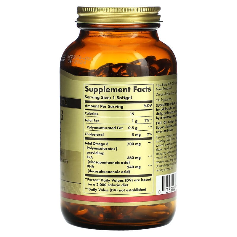 Solgar, Omega-3, EPA & DHA, Double Strength, 700 mg, 120 Softgels 33984020535
