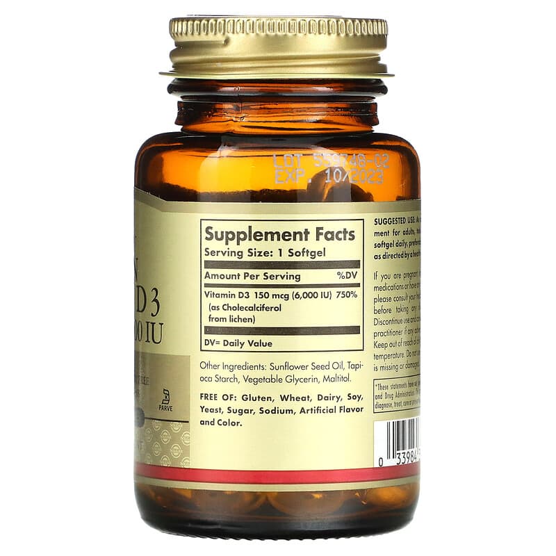 Solgar, Vegan Vitamin D3, 150 mcg / 6,000 IU, 100 Vegan Softgels 33984303355