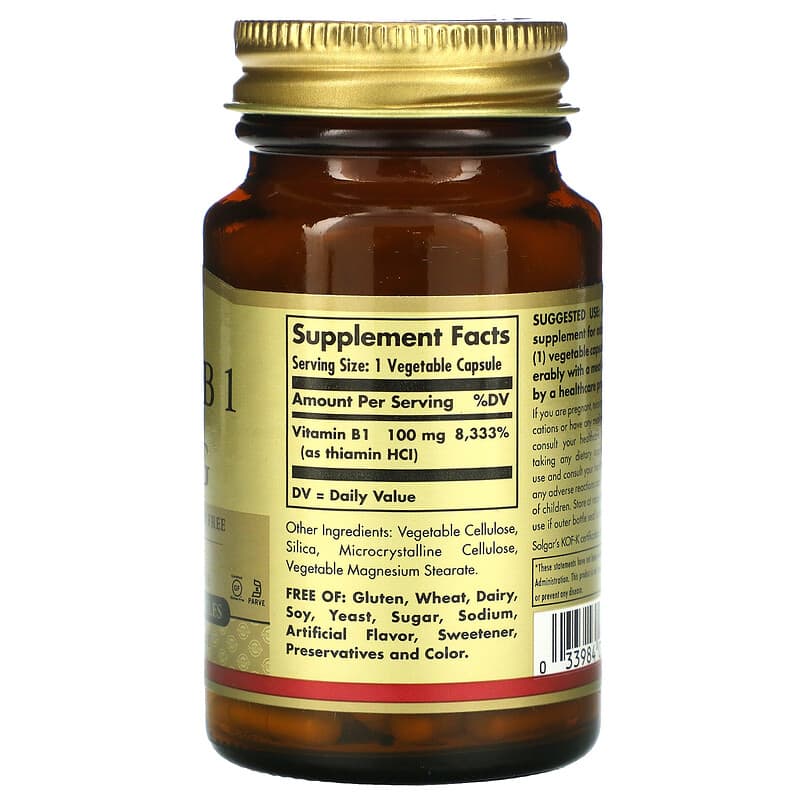 Solgar, Vitamin B1, 100 mg, 100 Vegetable Capsules 33984029507