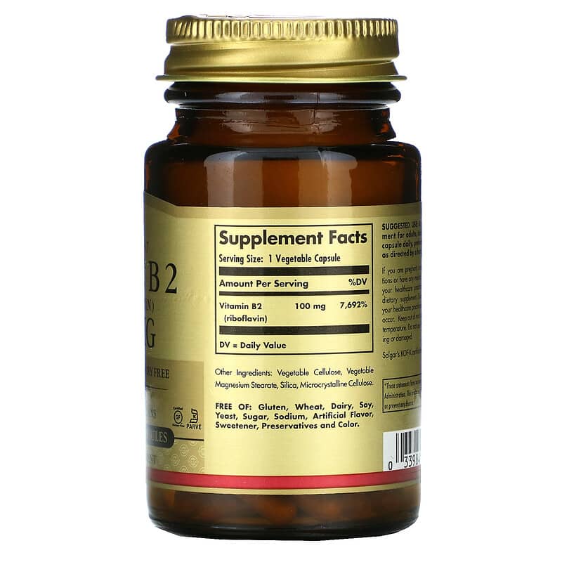 Solgar, Vitamin B2 (Riboflavin), 100 mg, 100 Vegetable Capsules 33984030503