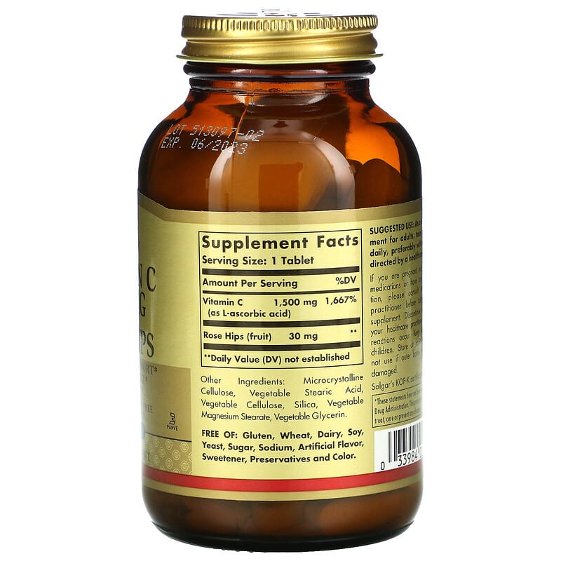 Solgar, Vitamin C with Rose Hips, 1,500 mg, 90 Tablets 33984024205