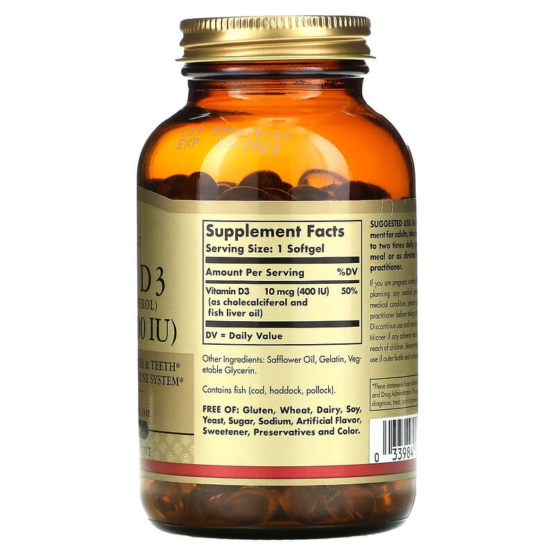 Solgar, Vitamin D3, 10 mcg (400 IU), 250 Softgels 33984033214