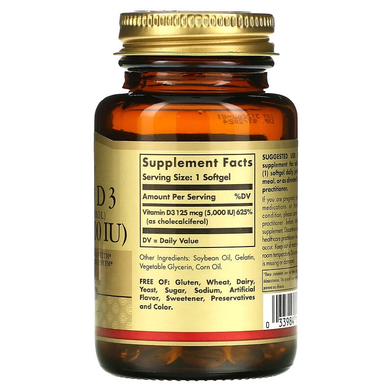 Solgar, Vitamin D3 (Cholecalciferol), 125 mcg (5,000 IU), 100 Softgels 33984193772