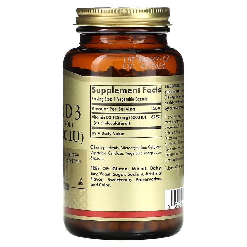 Solgar, Vitamin D3 (Cholecalciferol), 125 mcg (5,000 IU), 240 Vegetable Capsules 33984033146