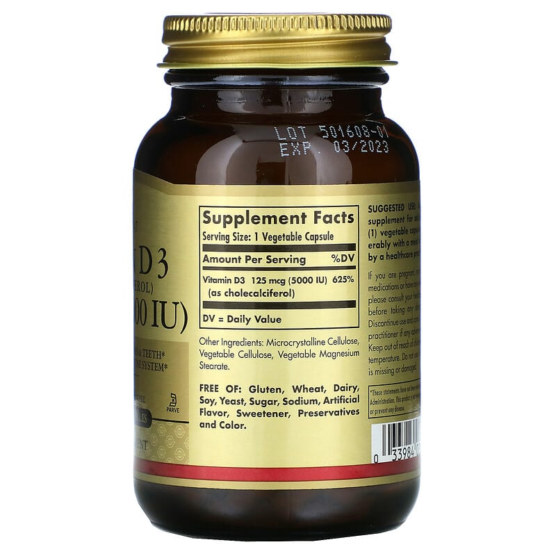 Solgar, Vitamin D3 (Cholecalciferol), 125 mcg (5000 IU), 120 Vegetable Capsules 33984033139