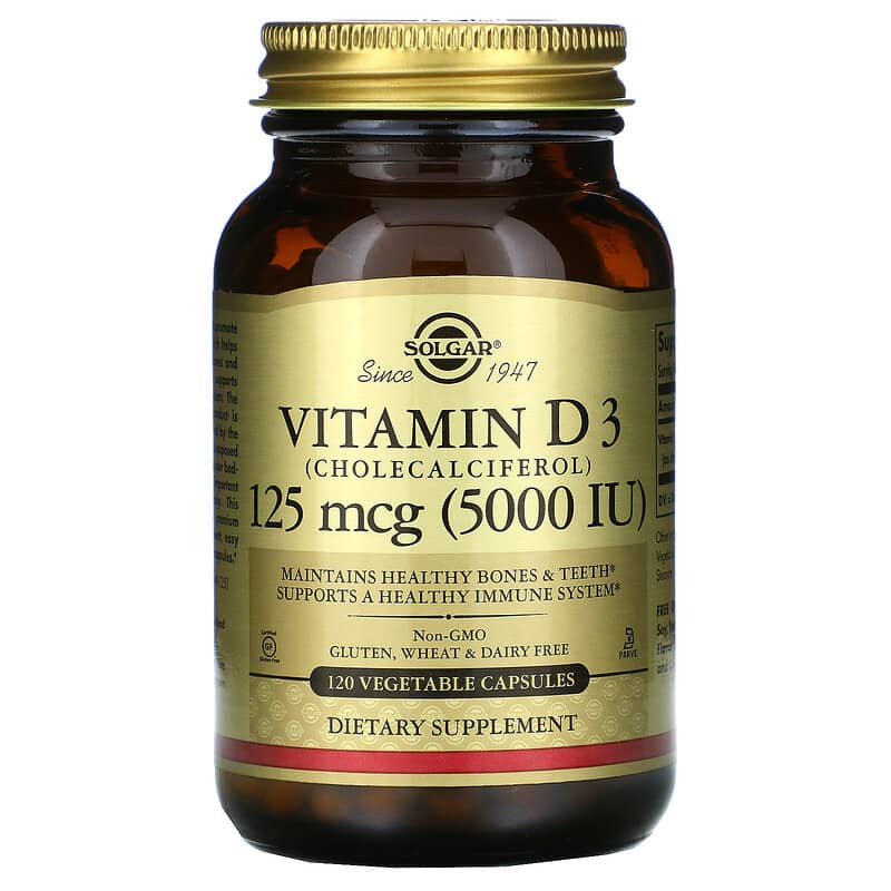 Solgar Vitamin D3 (Cholecalciferol) 125 mcg (5000 IU) 120 Vegetable Capsules 33984033139