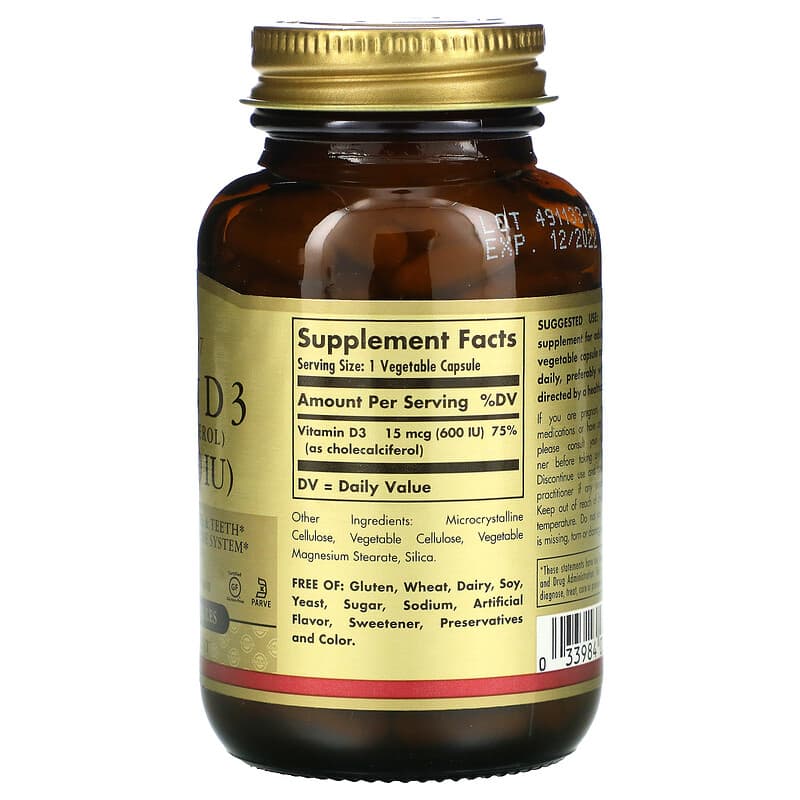 Solgar, Vitamin D3 (Cholecalciferol), 15 mcg (600 IU), 120 Vegetable Capsules 33984033191