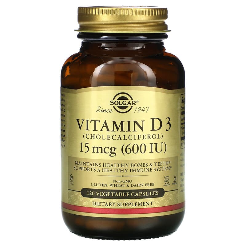 Solgar Vitamin D3 (Cholecalciferol) 15 mcg (600 IU) 120 Vegetable Capsules 33984033191