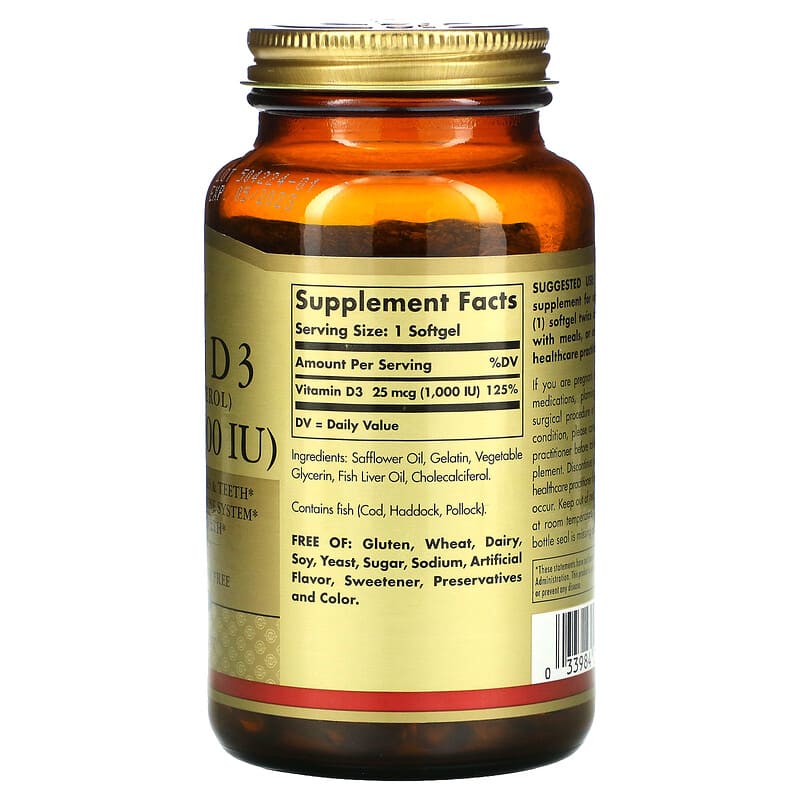 Solgar, Vitamin D3 (Cholecalciferol), 25 mcg (1,000 IU), 250 Softgels 33984033412