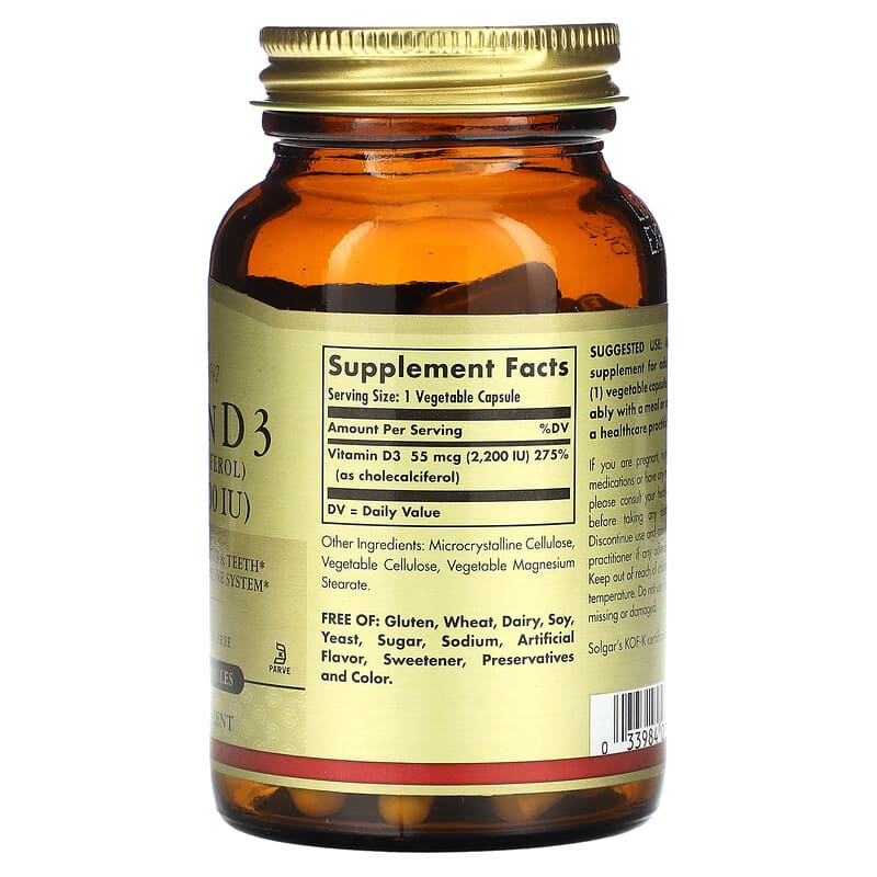 Solgar, Vitamin D3 (Cholecalciferol), 55 mcg (2,200 IU), 100 Vegetable Capsules 33984033177