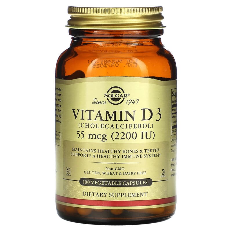 Solgar Vitamin D3 (Cholecalciferol) 55 mcg (2,200 IU) 100 Vegetable Capsules 33984033177