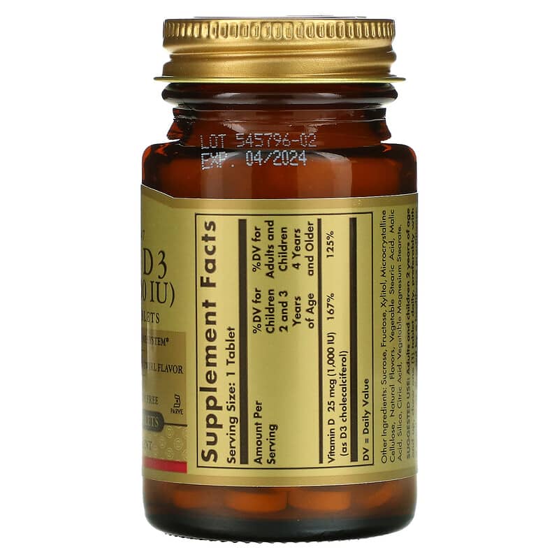 Solgar, Vitamin D3, Natural Strawberry Banana Swirl, 25 mcg (1,000 IU), 100 Chewable Tablets 33984549562