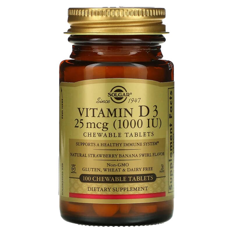 Solgar Vitamin D3 Natural Strawberry Banana Swirl 25 mcg (1,000 IU) 100 Chewable Tablets 33984549562