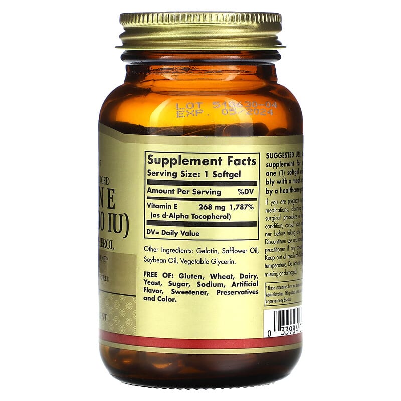 Solgar, Vitamin E, Naturally Sourced, 268 mg (400 IU), 100 Softgels 33984035218