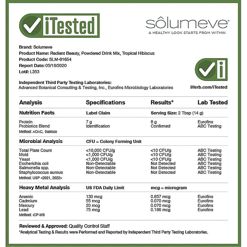 Solumeve, Collagen with Probiotics and Superfruits, Powdered Drink Mix, Tropical Hibiscus, 16 oz (454 g) 898220016549