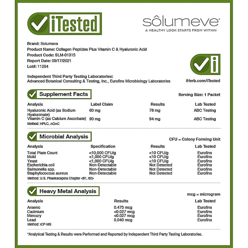 Solumeve, Marine Collagen Peptides Plus Vitamin C and Hyaluronic Acid, Lemon, 30 Packets, 0.19 oz (5.37 g) Each 898220013159