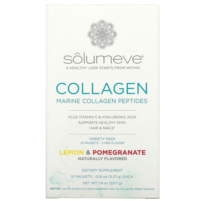 Solumeve Marine Collagen Peptides Plus Vitamin C and Hyaluronic Acid Lemon and Pomegranate Variety Pack 10 Packets 0.19 oz (5.37 g) Each 898220013395