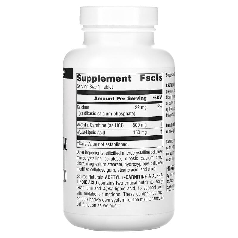 Source Naturals, Acetyl L-Carnitine & Alpha-Lipoic Acid, 650 mg, 120 Tablets 21078018001