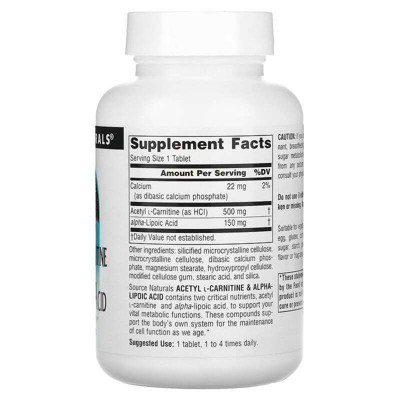 Source Naturals, Acetyl L-Carnitine & Alpha-Lipoic Acid, 650 mg, 60 Tablets 21078017998