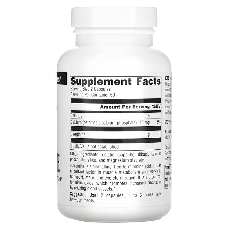 Source Naturals, L-Arginine, Free Form, 500 mg, 100 Capsules 21078016878