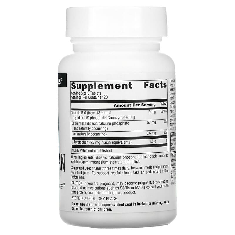 Source Naturals, L-Tryptophan with Coenzyme B-6, 500 mg, 60 Tablets 21078019879