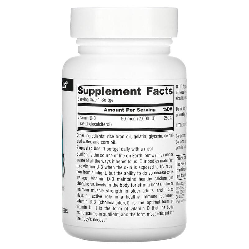 Source Naturals, Vitamin D-3, 50 mcg (2,000 IU), 200 Softgels 21078022374