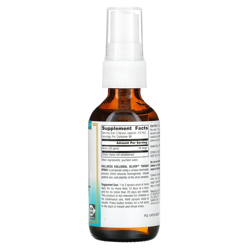 Source Naturals, Wellness, Colloidal Silver Throat Spray, 30 PPM, 2 fl oz (59.14 ml) 21078010289