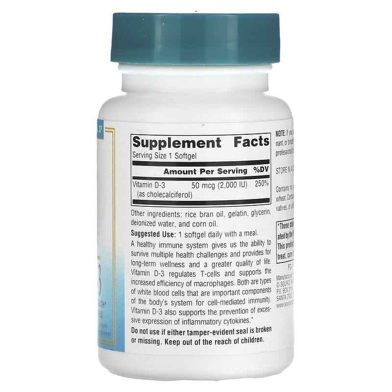 Source Naturals, Wellness, Vitamin D-3, 50 mcg (2,000 IU), 200 Softgels 21078023739