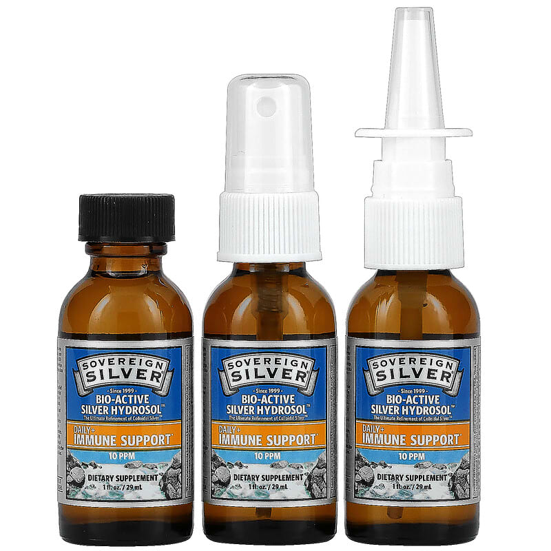 Sovereign Silver, Bio-Active Silver Hydrosol, Daily + Immune Support, Sinus Relief, Trial & Travel Kit, 10 PPM, 3 Piece Kit, 1 fl oz (29 ml) Each 684088700078