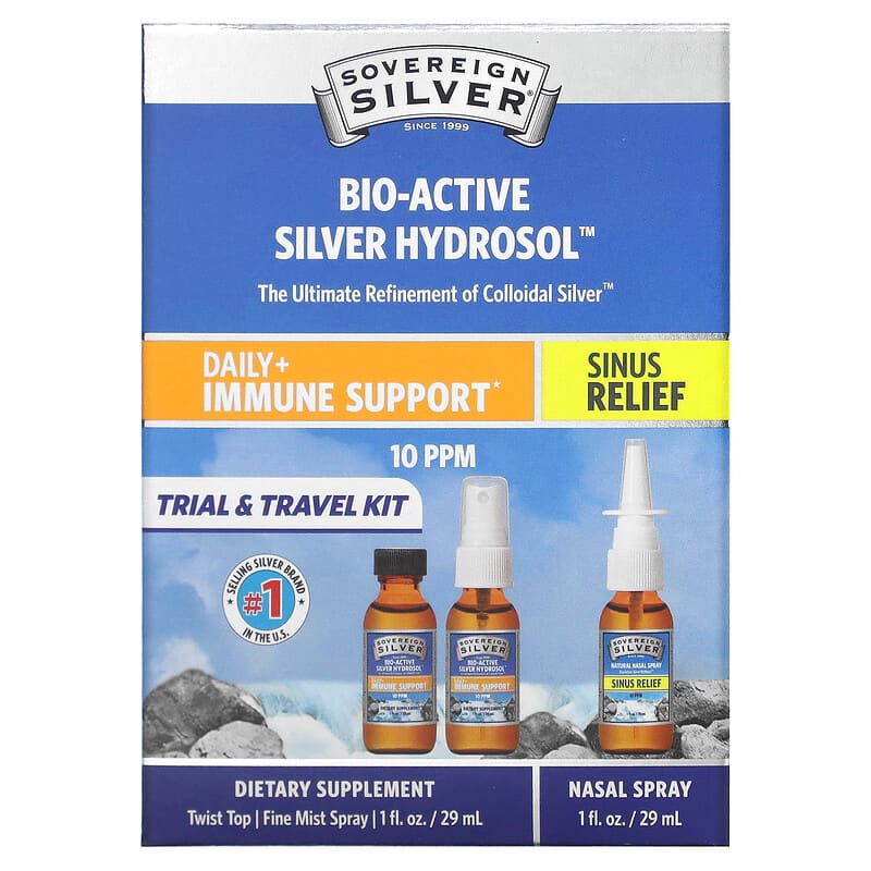 Sovereign Silver Bio-Active Silver Hydrosol Daily + Immune Support Sinus Relief Trial & Travel Kit 10 PPM 3 Piece Kit 1 fl oz (29 ml) Each 684088700078
