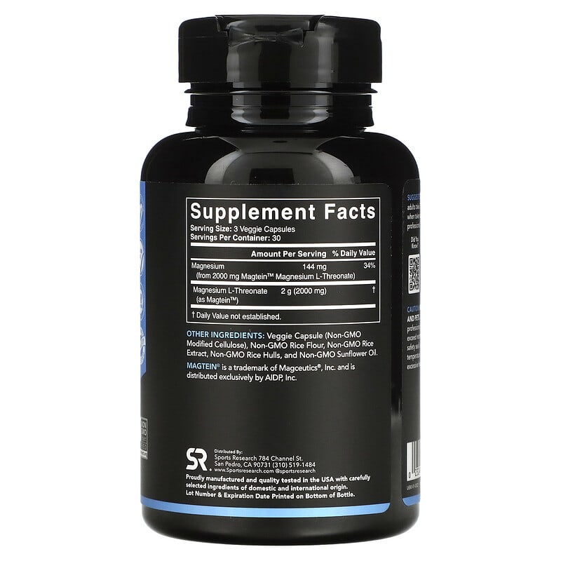 Sports Research, Magnesium, L-Threonate, 2,000 mg , 90 Veggie Capsules 23249091516
