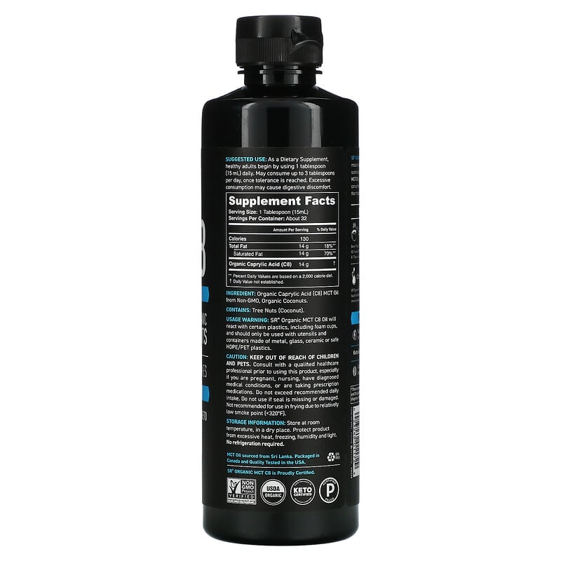 Sports Research, Organic MCT C8 Oil, Unflavored, 16 fl oz (473 ml) 23249011729