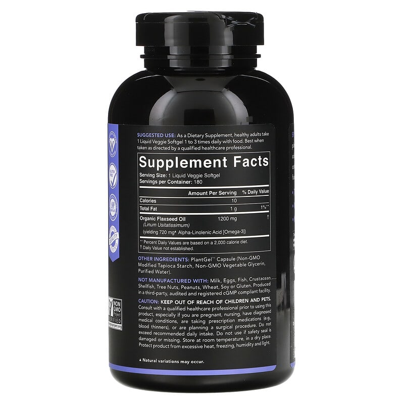 Sports Research, Plant Based Flaxseed Oil with ALA Omega-3, 1,200 mg, 180 Veggie Softgels 23249011255