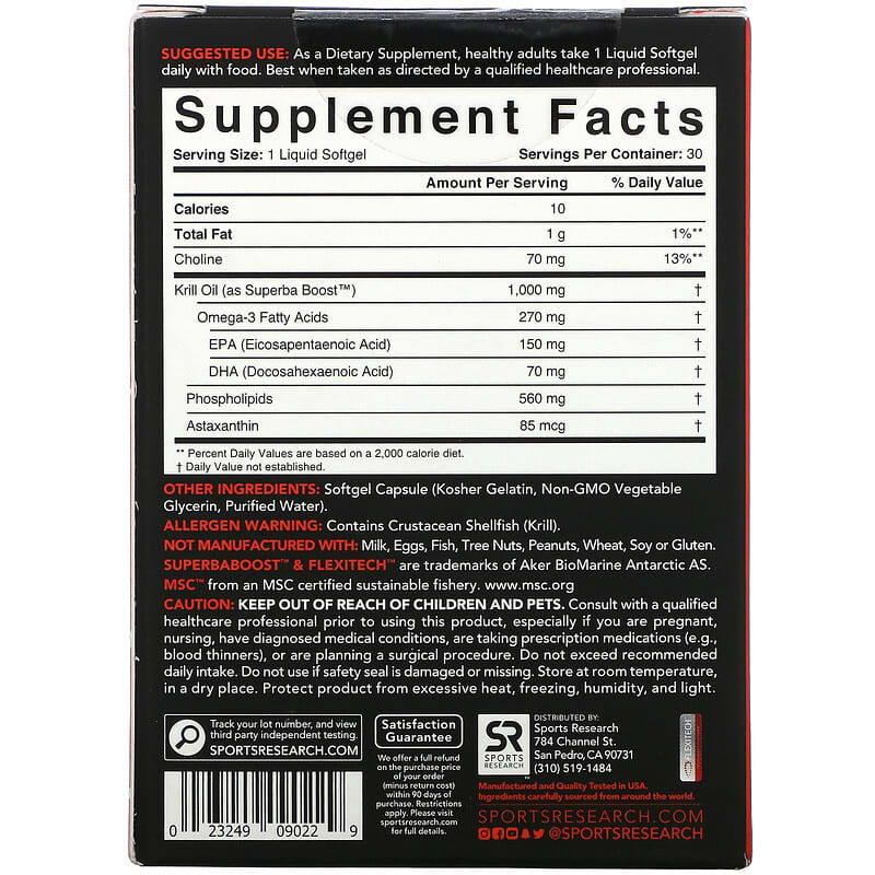 Sports Research, SUPERBA Boost Antarctic Krill Oil with Astaxanthin, 1,000 mg, 30 Softgels 23249090229