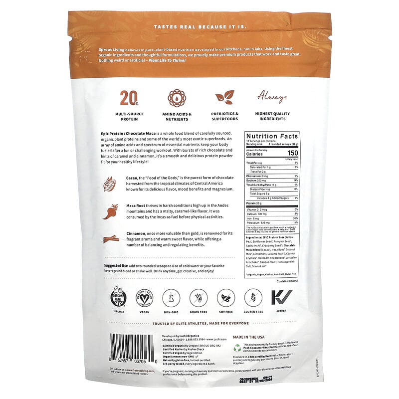 Sprout Living, Epic Protein, Organic Plant Protein + Superfoods, Chocolate Maca, 1 lb (456 g) 852457007060