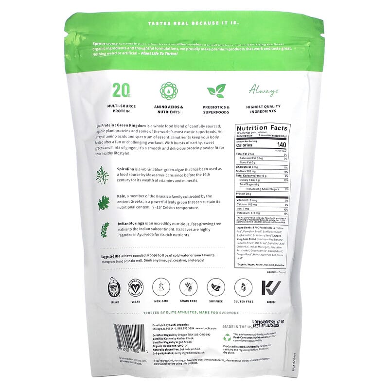 Sprout Living, Epic Protein, Organic Plant Protein + Superfoods, Green Kingdom, 1 lb (456 g) 852457007121